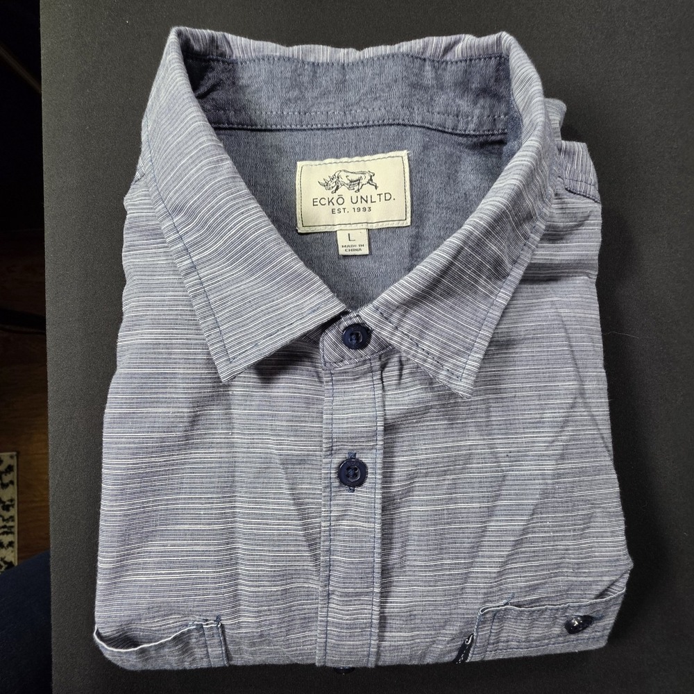 Ecko Unltd. Shirt Mens L‎ Blue Stripes Button Down Short Sleeve Cotton